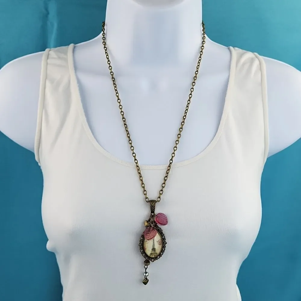 🔹️NWT Bronze Chain & Eiffel Tower, Charms, & Bead Pendant Necklace - Picture 3 of 10